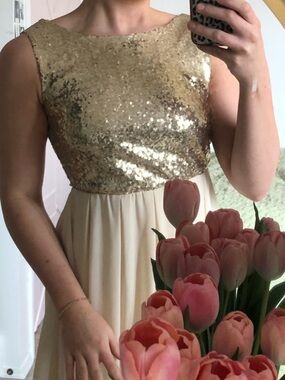 Alythea Gold Sequin Bodice Cream Chiffon Prom Dress